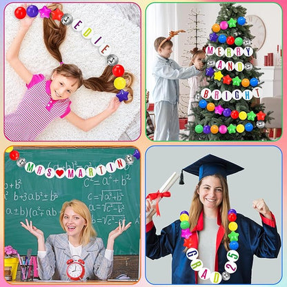 Giant Friendship Bracelet Garland Kit, DIY Birthday Banner with Letters Ball Jumbo Customizable Friendship Bracelet Decor for Halloween Christmas Wedding Party(Rainbow Colors)