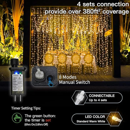 suddus Curtain Lights for Bedroom, 300 Led 9.8x9.8ft Hanging String Lights Outdoor, Fairy Curtain Lights Indoor for Christmas, Dorm, Wall, Backdrop, Window, Wedding, Party, Birthday Decor, Warm White