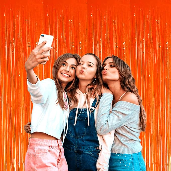 4 Pack Macaron Orange Foil Fringe Curtain Backdrop, 3.28Ft x 8.2Ft Metallic Tinsel Streamer Curtains, Birthday, Wedding, New Year’s, Christmas Decorations Party Supplies, One Size