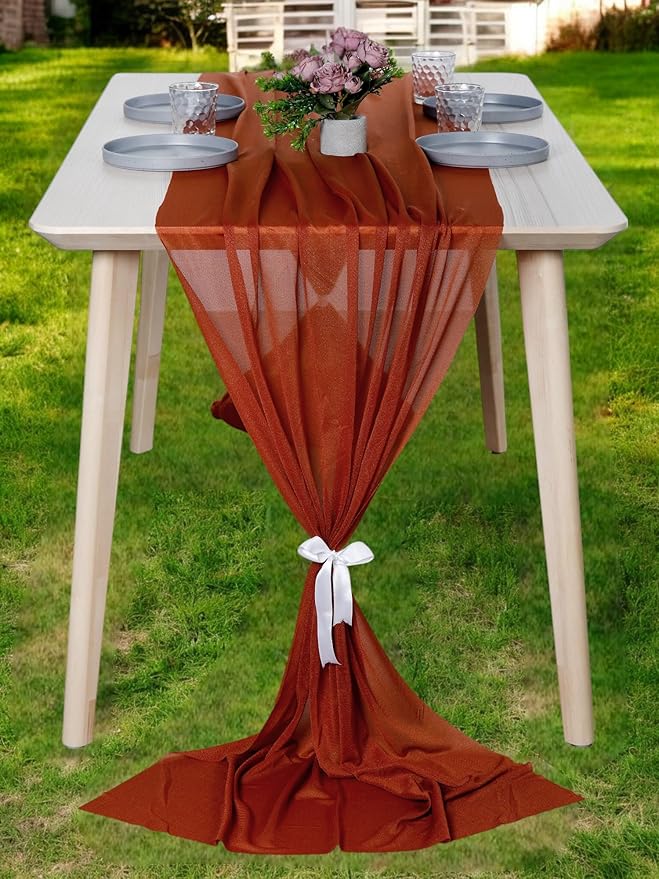 MDS 2 Pack 10ft Chiffon Table Runner 29 x 120 Inches Sheer Wedding Runner Romantic Rustic Table Runner for Wedding Decorations, Birthday Parties, Bridal Shower Party Arch Decor - Terracotta