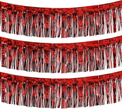 Thick 10 Feet by 15 Inch Red Foil Fringe Garland - Pack of 3 | Shiny Metallic Tinsel Banner for Parade Floats, Bridal Shower, Wedding, Birthday, Christmas | Wall Hanging Drapes (3)