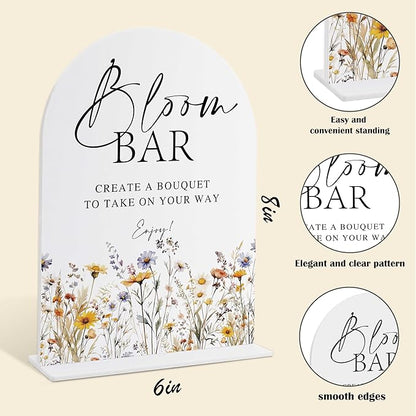 Wedding Signs for Ceremony and Reception, Boho Floral Acrylic Bloom Bar Sign, Wedding Signage with Stand, Bridal Shower Table Centerpieces, Bloom Bar Supplies for Engagement Reception Event Party, 20