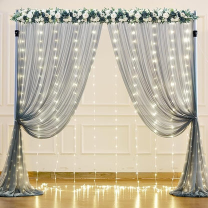 Silver Grey Tulle Backdrop Curtain with Lights String for Parites 10x8ft Sheer Backdrop Curtains for Birthday Party Bridal Shower Baby Shower Wedding Ceremony Prom Photo Booth Background Decorations