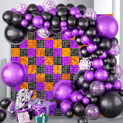 24PCS Black Orange Purple Shimmer Wall Backdrop, Halloween Square Sequin Photo Backdrops Panel, Glitter Wall Background for Birthdays, Weddings, Halloween Party Decor (4FTx6FT)