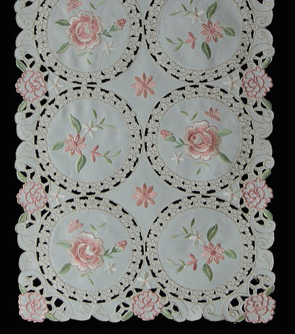 Creative Linens Embroidered Pink Rose Daisy Floral Table Runner Dresser Scarf 15x33 Ivory Spring