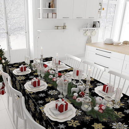 3Pcs Christmas Snowflake Party Tablecloths Decorations,Plastic Black and Gold Table Cloth,Winter Rectangle Table Cover for Christmas New Year Birthday Baby Shower Holiday Party Decorations,54x108 inch