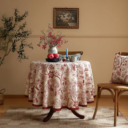 ISAENNE Designer French Linen Small Round Tablecloth,Red Floral Washable Indoor Table Cloth,Durable Home Decor Tablecloths for Dining Thanksgiving Kitchen Party Christmas,Diameter 55"-Ruyi A