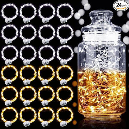 Aogist 24 Pack Fairy Lights 3 Modes 7ft 20 LED Waterproof,Battery Operated Silver Wire Firefly Starry Moon Mini String Lights for Mason Jars Christmas DIY Crafts Party Bedroom,Cool White&Warm White