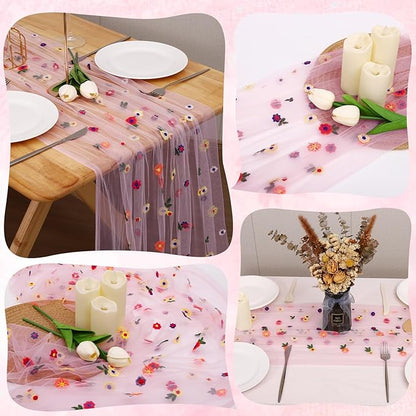 3PCS Pink Floral Table Runner 10 FT, Embroidery Daisy Table Runners Seasonal Sheer Tulle Table Runner for Thanksgiving Wedding Birthday Baby Shower Party