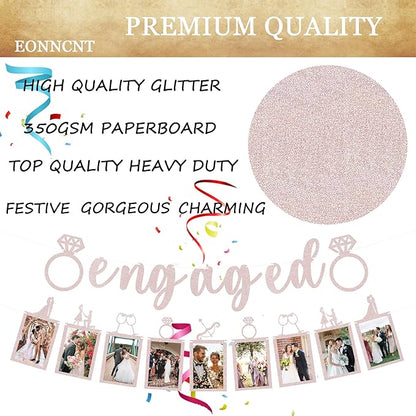 Pre-Strung Engaged Photo Banner - Rose Gold Glitter Engagement Party Decoration Supplies with Romantic Memories Picture Card Frames for Bachelorette, Bridal Shower, Wedding Party Photo Booth Props
