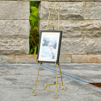 Metal Large Free Standing Adjustable Display Stand Scroll Easel with Chain Support, Gold Easel Stand for Sign, Heavy Duty Easel for Mirror, Wedding, Picture Frame (No Installation Required)