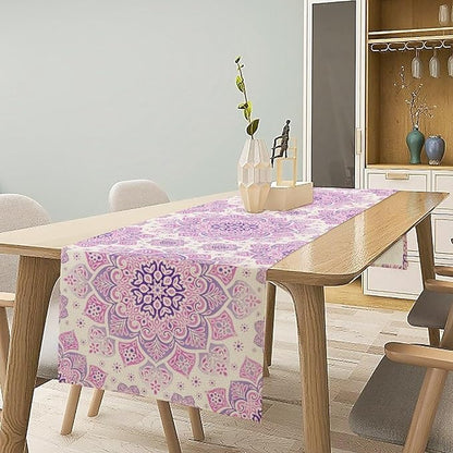 Purple Pink Mandala Table Runner, Traditional Indian Boho Mandala Flowers Print Table Runne for Kitchen Dining Table Office Wedding Party Holiday Home Decor, 13x70inch
