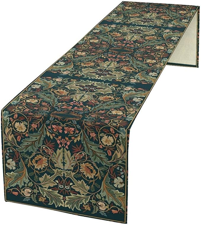 Green Morris Floral Table Runner, Boho Rustic Country Farmhouse Teal Red Rose Pattern for Home Kitchen Table Decor Dining Coffee Room Party Decor 13x36in