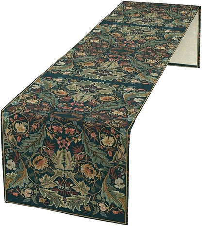 Green Morris Floral Table Runner, Boho Rustic Country Farmhouse Teal Red Rose Pattern for Home Kitchen Table Decor Dining Coffee Room Party Decor 13x90in