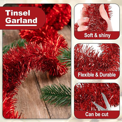25 Feet Metallic Twist Tinsel Garland - Wall Hanging Backdrop for Parade Floats, Christmas Eve, New Year, Valentine's Day Parties (Red, 4in x 25ft)