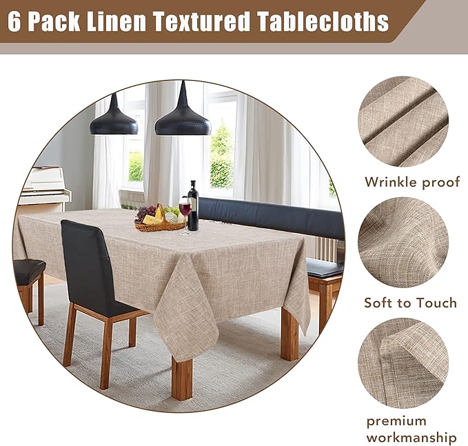 Fitable Nature Faux Linen Tablecloths Rectangle 60 x 84 Inch - 6 Pack Neutral Table Clothes for 4 Foot Tables, Wrinkle-Proof Faux Burlap Table Covers for Dining, Farmhouse, Outdoor Picnic, Camping