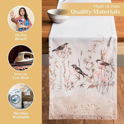 Maison d' Hermine Table Runner 100% Cotton Single Layer Table Runners 108 inches Long Decorative for Home Dining Party Wedding Bridal Shower Spring Summer (Meadow Florals - Brown, 14.50" x 108")