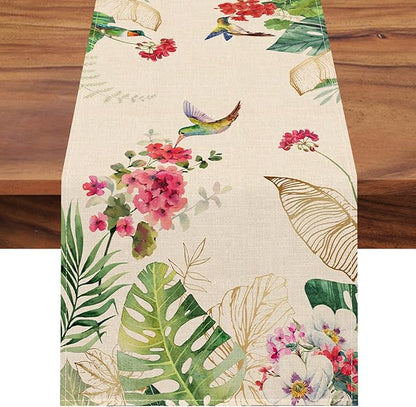 Seliem Summer Tropical Hummingbird Palm Leaf Greenery Table Runner, Spring Birds Home Kitchen Monstera Geranium Flowers Dining Decor, Seasonal Burlap Decorations Anniversary Party Supply 13 x 48 Inch