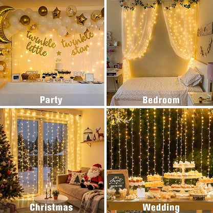 JMEXSUSS 300 LED Remote Control Christmas Curtain Lights, Plug in Fairy Curtain Lights Outdoor, Window Wall Hanging String Lights for Bedroom Backdrop Wedding Party Indoor Patio Xmas Decor, Warm White