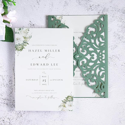 20Pcs Sage Green Laser Cut Invitation Cards With Blank Inner Sheets for Wedding Cards Bridal Shower Engagement Quinceanera Invitation (No Envelopes)