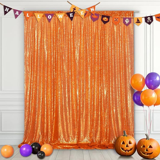Eternal Beauty Orange Sequin Backdrop, 8x10 Ft Halloween Glitter Background Curtains for Shimmer Photography Party Wedding Birthday Back Drop Decor