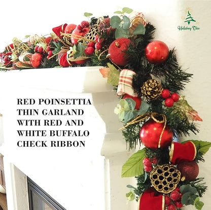 5 ft Christmas Garland for Mantle for Stairs Railing, Banister, Staircase, Fireplace, for Table No Light, Garland Decor Frosted Red Poinsettia Holiday Tree (Red Plain Lotus Pod Garland)