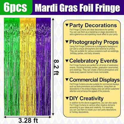6 Pack Gold Green Purple Foil Fringe Curtain Backdrop, 3.28Ft x 8.2Ft Metallic Tinsel Foil Fringe Streamer Curtains for Photo Booth, Birthday, Wedding, New Year Party Decorations