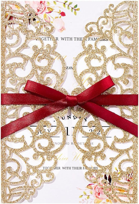 25pcs Personalized Wedding Invitations with Envelopes and RSVP Cards Blank Rose Gold 5×7 Glitter Laser Cut Invitation Pockets for Wedding Engagement Bridal Shower Birthday Quinceañera Anniversary
