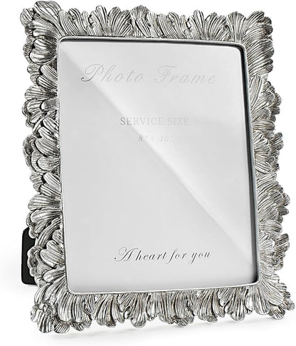 Cuspin 8x10 Picture Frame Silver, Vintage Silver Palm Leaves Textured Hand-Crafted Resin with Glass Front, Elegant Retro Design Photo Frame for Wall and Tabletop Display Home Decor