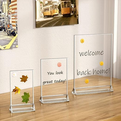 NIUBEE 6Pack 5x7 Clear Acrylic Sign Holder with Sliver Borders and Vertical Stand, Double Sided Table Menu Holders Picture Frames for Wedding Table Numbers, Restaurant Signs, Photos and Art Display