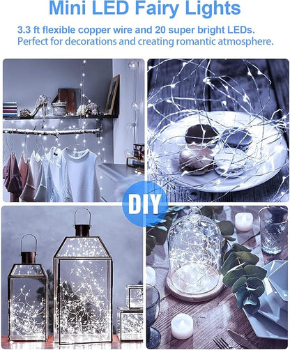 20 Pack Fairy Lights Battery Operated 3.3ft 20 LED Mini String Twinkle Copper Wire Firefly Starry for Mason Jars Wedding Party Christmas Centerpiece Table Decorations, Cool White
