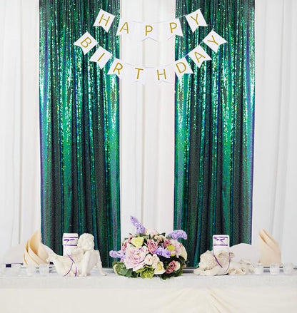 ShinyBeauty Sequin Backdrop 4 Pieces Iridescent Green Sequin Curtains Panels Photograph Backdrops Shimmer Background Christmas Birthday Party Decor Glitter Curtain (2Ftx8Ft)