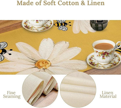 Daisy Flower Table Runner, Summer Spring Seasonal Watercolor Wildflower Yellow Bee Print Table Cover for Home Party Decor Kitchen Dining Table, 13x36inch