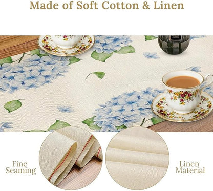 Watercolor Hydrangea Flower Table Runner, Spring Summer Seasonal Plants Butterfly Blue Dinner Runner for Home Kitchen Dining Table Party Holiday Decoration 13"x70"