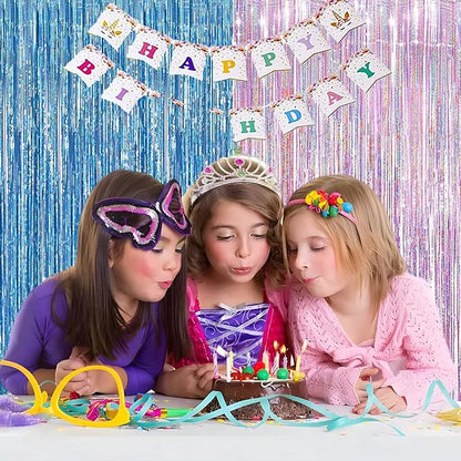 BRAVESHINE Pink Blue Tinsel Foil Fringe Curtains - 2Pcs 3.2x8.2ft Holidays Photo Streamers Backdrop for Easter Girl or Boy Birthdays Bridal Shower Party Supplies Decorations
