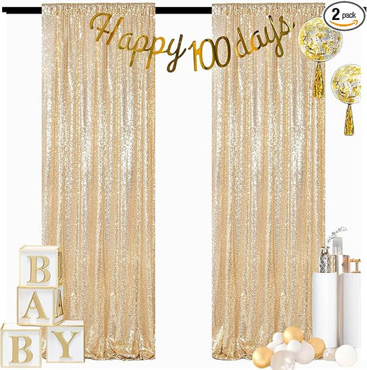ShinyBeauty Champagne Gold Sequin Backdrop - 2 Panels, 7Ft x 7Ft, Sparkly Glitter Backdrop for Parties/Prom Backgrounds