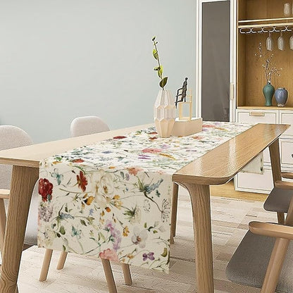 Floral Butterfly Table Runner,Rustic Colorful Flower Botanical Watercolor Pattern Print Burlap for Hotel Indoors Outdoor Dining Room Kitchen Holiday Party, 13x60in