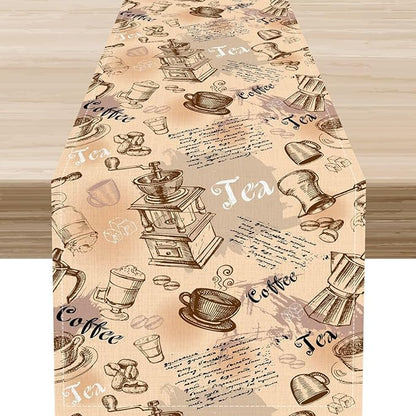 Coffee Theme Table Runner, Rustic Farmhouse Coffee Cup Tea Party Cafe Table Center Decor for Home Kitchen Dining Patio Holiday Party Indoor Outdoor Table Decorations,13"x90" Inch