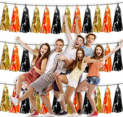 3P Orange Gold Black Metallic Fringe Tassel Banner Garland Foil Tinsel Streamer Wall Hanging Curtain Backdrop Banner for Parade Floats, Graduation Decorations, Halloween, Christmas Decorations