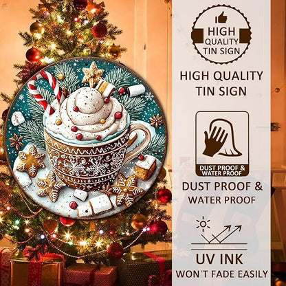 Round Christmas Signs Hot Cocoa Bar Metal Tin Sign Christmas Decor For Home Vintage Christmas Coffee Cocoa Tin Sign Hot Chocolate Bar Sign 8 * 8 in