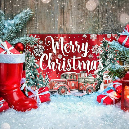 Christmas Truck Metal Tin Sign Merry Christmas Sign Funny Snowman Tin Sign Christmas Tree House Decoration for Indoor Home House Decor Party Supplies 12x16Inch