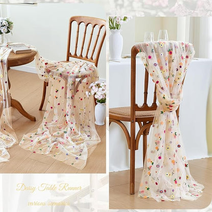 JIALE Champagne Floral Table Runner, Embroidery Daisy Seasonal Table Decorations, 120Inch 10FT 1PC Gold Tulle Fabric for Home Decor, Bridal Shower Wedding, Baby Shower Parties, DIY Craft