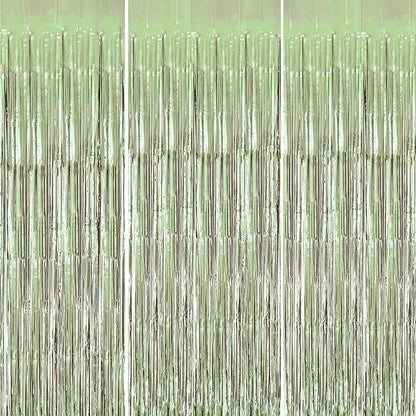 3 Pack Foil Fringe Backdrop - Light Green Shiny Tinsel Curtains for Party Decoration/Photo Booth Props - 3.3x8.2 FT Metallic Foil Backdrop for Birthday, Wedding, Graduation, Christmas