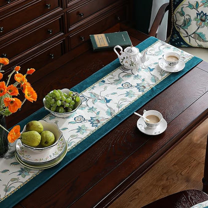 patdrea Designer Elegant French Floral Velvet Table Runner, Teal with Blossoms Pattern Table Mat, Decoration for Kitchen Dining Coffee Table Shelf Cabinet Banquet Thanksgiving,12"*71"