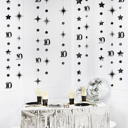 Black 10th Birthday Decorations Number 10 Circle Dot Twinkle Star Garland Metallic Hanging Streamer Banner Backdrop for Girls Boys Double Digits Ten Year Old Birthday 10th Anniversary Party Supplies