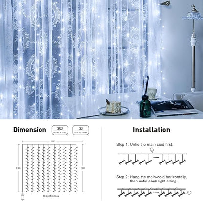 JMEXSUSS 300 LED 9.8x9.8Ft Curtain Lights Indoor with Remote, White Christmas Lights Plug in, 8 Modes White String Lights for Bedroom Wall Wedding Reception Dorm Party Backdrop Window Outdoor Decor