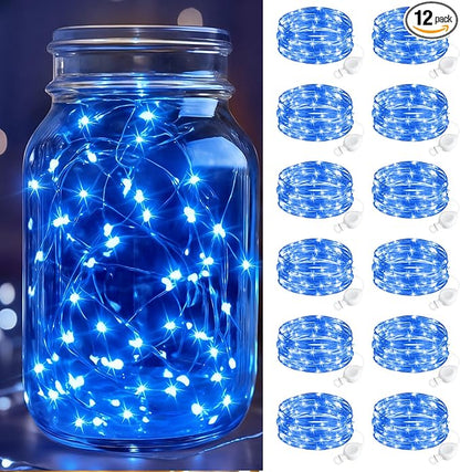 btfarm 12 Pack Fairy Lights Battery Operated, 7FT 20 LED Mini String Lights Waterproof Silver Wire for Mason Jars Centerpiece Table Crafts Bedroom Christmas Decoration, Blue