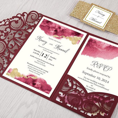 DORIS HOME 50PCS Laser Cut Wedding Invitations with Envelopes and RSVP Cards Personalized Inner With Gold Glitter Belly Band for Wedding Engagement Bridal Shower Party Invite 4.7x7 Inch Burgundy