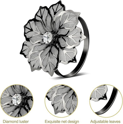 KPOSIYA Flower Napkin Rings Holder Metal Black Napkin Rings Set of 12 for Wedding Party Holiday Banquet Christmas Dinner Delicate Serviette Buckles Decor Favor (12, Black)