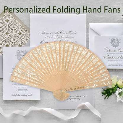 100Pcs Wedding Fans Personalized Folding Hand Fans Custom Sandalwood Wedding Fans with Organza Bags Wedding Party Favor Wedding Fans for Guests (10)